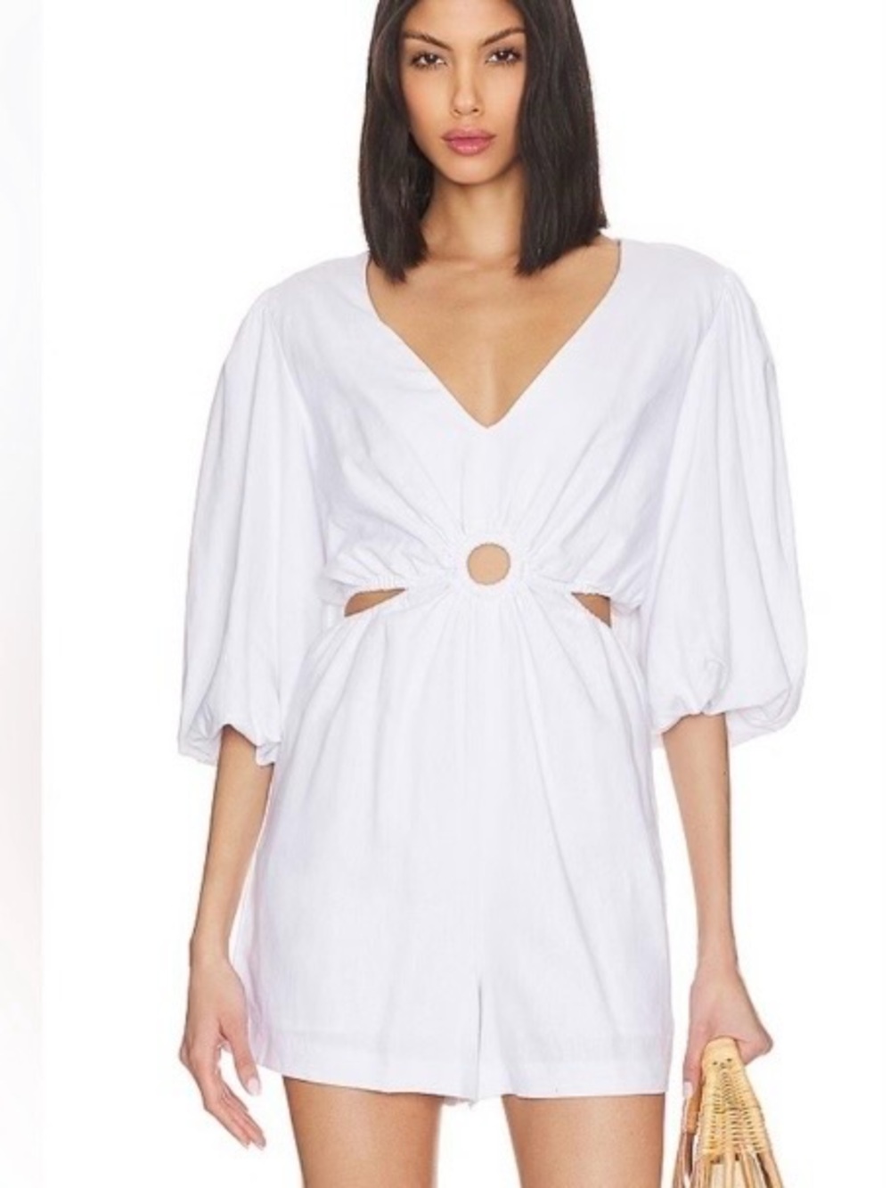 1. STATE V-Neck Ring Cutout Romper in Ultra white Size XL Linen Mix